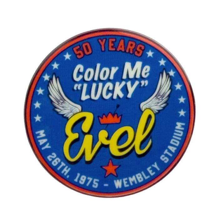 Evel Knievel “Color Me Lucky” 50th Anniversary Enamel Pin – Wembley 1975 Tribute